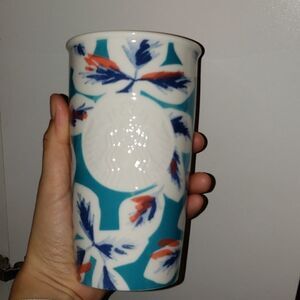 STARBUCKS floral blue and pink ceramic pink lid cup hot drink 12oz